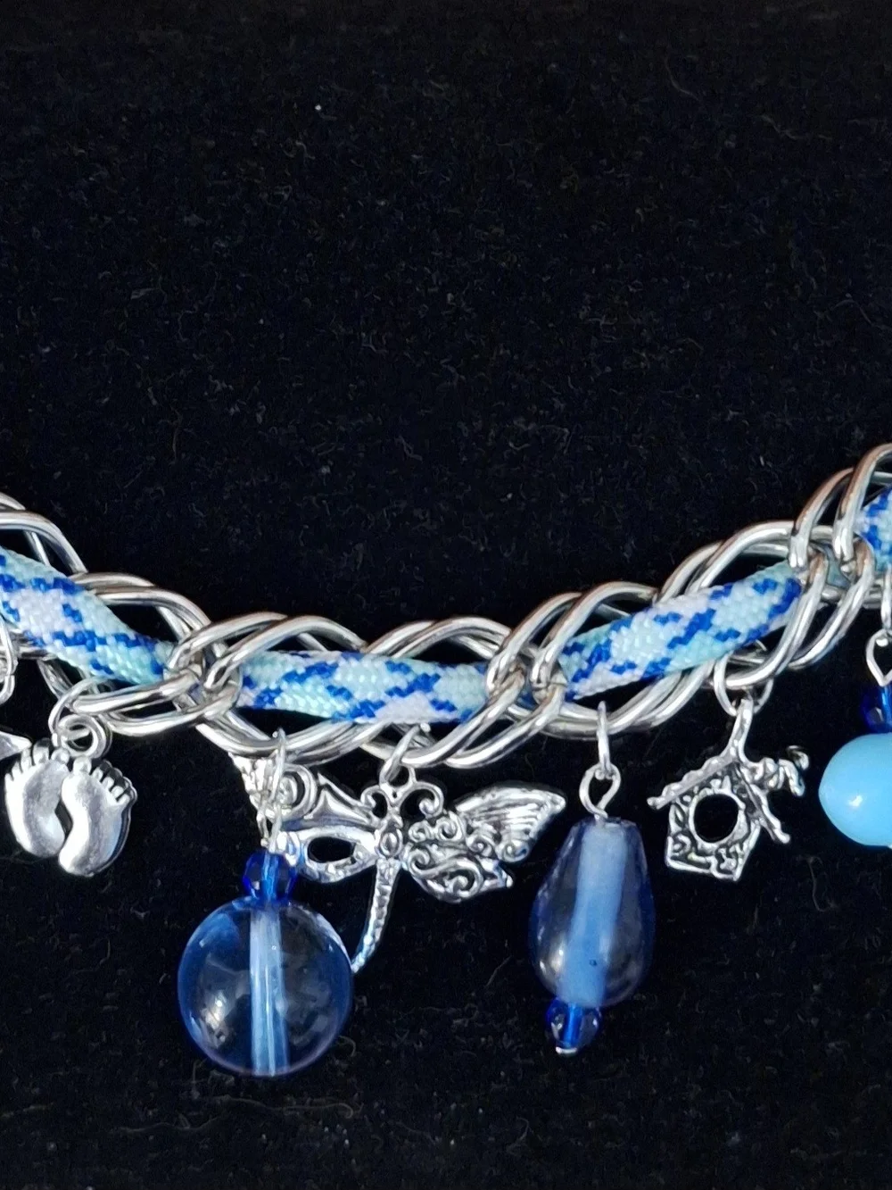 Silver Chain Charm Bracelet with Blue Glass Beads